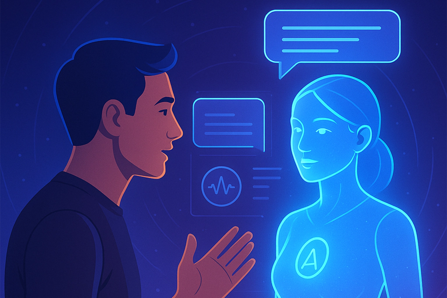 Futuristic AI conversational agent assisting a human user
